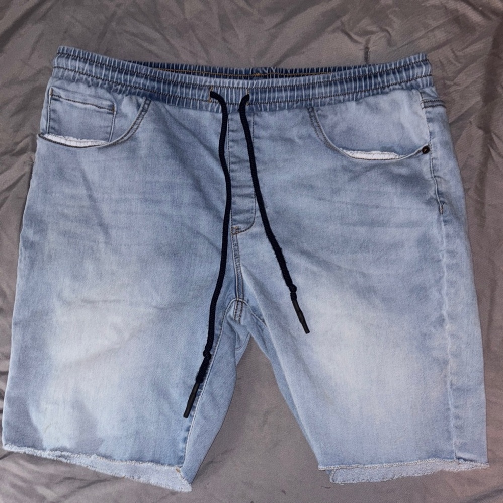 Light Blue Elastic Waist Jean cutoff Shorts